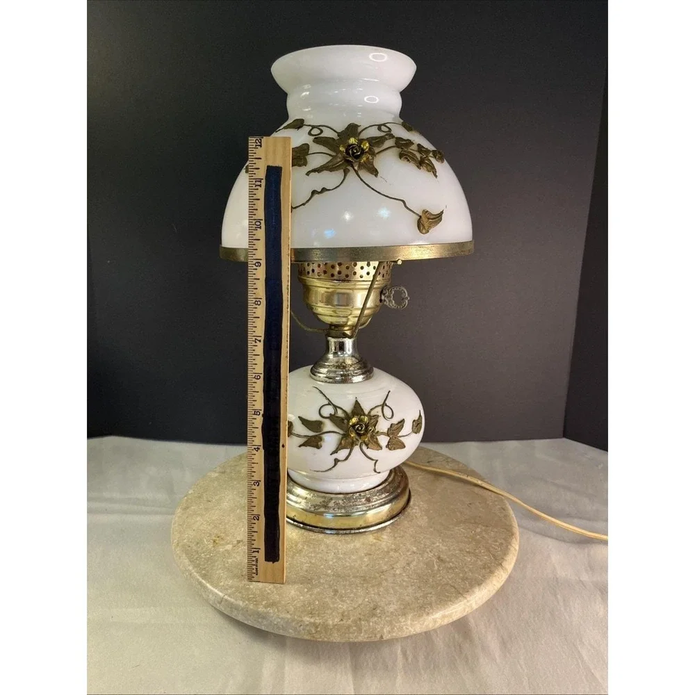 Vtg Milk Glass Falkenstein Brass Flowers Gone With The Wind Table 3 Way Lamp